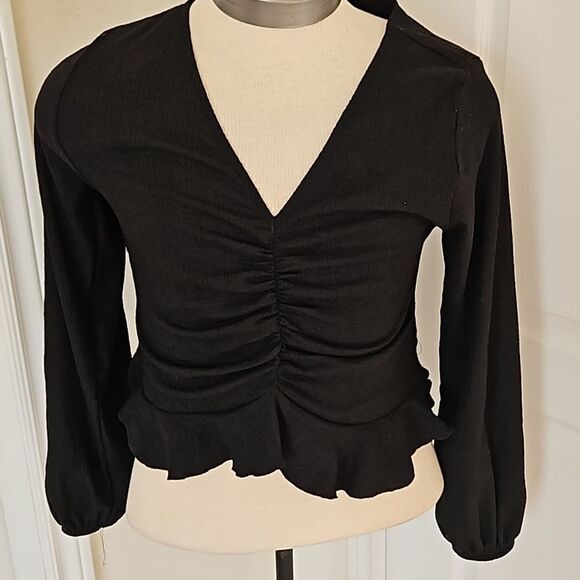 H&M Ruffled Long Sleeves Top Medium Black - Picture 1 of 16